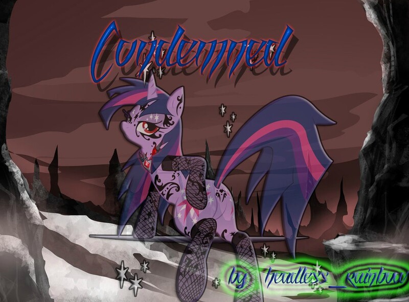 Size: 900x665 | Tagged: grimdark, questionable, artist:panzertank, derpibooru import, twilight sparkle, pony, unicorn, fanfic, alicorn amulet, author:headless rainbow, badlands, bedroom eyes, clothes, condemed (fanfic), dark, explicit source, fanfic art, fanfic cover, featureless crotch, female, grimdark source, horn, pose, raised tail, solo, solo female, stockings, tail, tattoo, twibutt