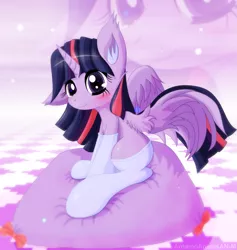 Size: 1753x1850 | Tagged: safe, artist:an-m, derpibooru import, twilight sparkle, twilight sparkle (alicorn), alicorn, pony, blushing, clothes, cute, ear fluff, female, looking at you, mare, pillow, simple background, sitting, socks, solo, twiabetes