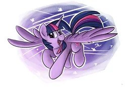 Size: 1076x743 | Tagged: safe, artist:luximus17, derpibooru import, twilight sparkle, twilight sparkle (alicorn), alicorn, pony, female, flying, head turn, looking at you, mare, open mouth, outline, smiling, solo, spread wings, white outline, wings