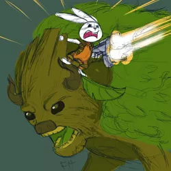 Size: 1000x1000 | Tagged: angel bunny, artist:aa, buffalo, crossover, derpibooru import, groot, guardians of the galaxy, gun, marvel, rocket raccoon, safe