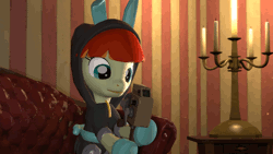 Size: 640x360 | Tagged: safe, artist:maetrome, derpibooru import, oc, oc:film flick, unofficial characters only, earth pony, pony, 3d, animated, bunny ears, camera, clothes, dangerous mission outfit, female, hoodie, mare, solo, source filmmaker