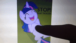 Size: 960x540 | Tagged: animated, computer, cute, derpibooru import, edit, edited screencap, eyes closed, finger, friendship is magic, hand, laughing, on back, open mouth, safe, screencap, smiling, tickling, twiabetes, twilight sparkle