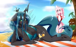 Size: 2000x1251 | Tagged: dead source, suggestive, artist:mleonheart, derpibooru import, queen chrysalis, oc, oc:fluffle puff, anthro, unguligrade anthro, beach, beach ball, bikini, breasts, busty queen chrysalis, clothes, drink, female, one-piece swimsuit, stupid sexy chrysalis, swimsuit