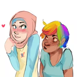 Size: 500x500 | Tagged: safe, artist:ghostkid, derpibooru import, fluttershy, rainbow dash, human, female, flutterdash, hijab, humanized, islam, islamashy, lesbian, shipping