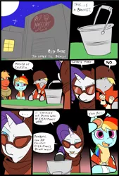 Size: 781x1156 | Tagged: safe, artist:metal-kitty, derpibooru import, big macintosh, derpy hooves, rainbow dash, rarity, earth pony, pony, comic:expiration date, bucket, comic, crossover, derpy soldier, dialogue, expiration date, heavy, heavy mac, male, night, rainbow scout, rarispy, scout, soldier, stallion, team fortress 2