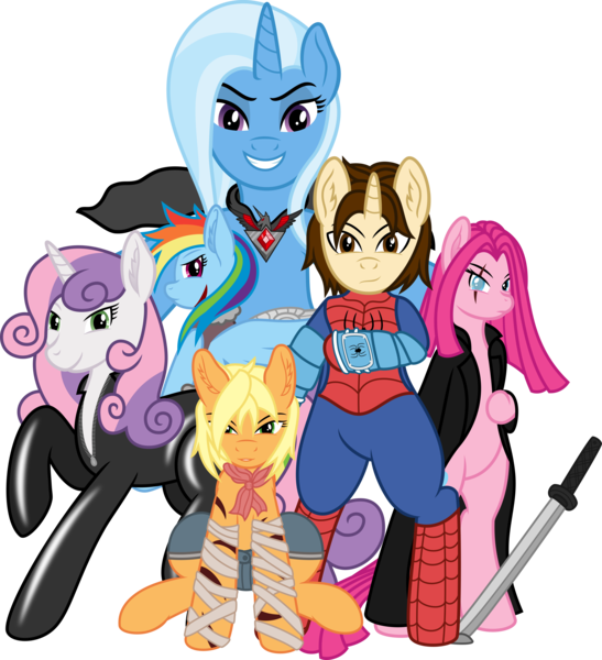 Size: 12000x13156 | Tagged: absurd resolution, alicorn amulet, applejack, artificial wings, artist:mactavish1996, artist:salemcat, augmented, bandana, black widow (marvel), catsuit, clothes, crossover, cyborg, derpibooru import, future, hoof wraps, jumpsuit, katana, longcoat, marvel comics, mechanical wing, older, peter parker, pinkamena diane pie, pinkie pie, ponified, rainbow dash, safe, sequel, shorts, spider-man, spiders and magic iii: days of friendship past, spiders and magic: rise of spider-mane, sweetie belle, sword, trixie, vest, weapon, wings
