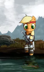 Size: 1300x2126 | Tagged: safe, artist:makc-hunter, derpibooru import, applejack, earth pony, pony, armor, female, headband, mare, skyrim, solo, sword, the elder scrolls, water, weapon