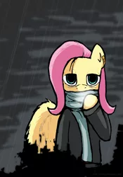 Size: 1190x1700 | Tagged: safe, artist:makc-hunter, derpibooru import, fluttershy, pony, bipedal, clothes, jacket, rain, scarf, solo