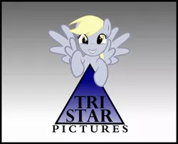 Size: 900x727 | Tagged: safe, artist:crashthestampede, derpibooru import, derpy hooves, pegasus, pony, closing logo, cute, female, grin, looking at you, mare, smiling, solo, spread wings, tristar