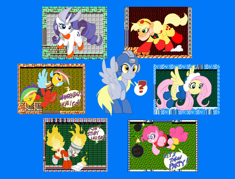 Size: 1280x975 | Tagged: safe, artist:nachomon, derpibooru import, applejack, derpy hooves, fluttershy, pinkie pie, rainbow dash, rarity, twilight sparkle, pegasus, pony, bomb man, crossover, cut man, elec man, female, fire man, guts man, ice man, mane six, mare, megaman, megamare, rapidash twilight