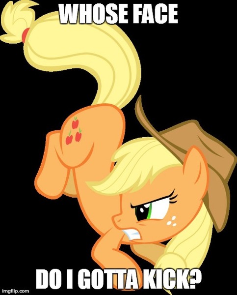 Size: 490x609 | Tagged: angry, applejack, bucking, derpibooru import, image macro, kicking, meme, reaction image, safe, solo