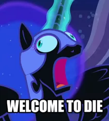 Size: 434x482 | Tagged: derp, derpibooru import, frown, glowing horn, image macro, magic, magneto, meme, nightmare moon, nightmare moon moon, open mouth, safe, spread wings, welcome to die, wide eyes, x-men