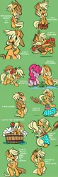 Size: 1280x3912 | Tagged: dead source, safe, artist:fauxsquared, derpibooru import, apple bloom, applejack, pinkie pie, earth pony, frog, pony, accessory swap, apple, applejewel, bath, bipedal, bubble bath, bucket, carrying, clothes, comic, cowboy hat, cute, dress, female, frog inspector applejack, get, hat, hoof hold, index get, jackabetes, looking at you, looking back, mare, open mouth, ponies riding ponies, secret, silly, silly pony, smiling, watching, wet mane, wink