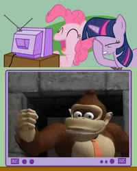 Size: 600x750 | Tagged: cartoon, derpibooru import, donkey kong, donkey kong country, expand dong, exploitable meme, facehoof, meme, mixed reactions, nintendo, obligatory pony, pinkie pie, safe, tv meme, twilight sparkle