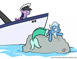 Size: 900x689 | Tagged: safe, artist:egophiliac, derpibooru import, trixie, twilight sparkle, twilight sparkle (alicorn), alicorn, mermaid, merpony, pony, unicorn, tumblr:inconvenient trixie, boat, duo, female, inconvenient trixie, mare, rock, ship, simple background, tumblr, twilight is not amused, unamused, white background, woonoggles