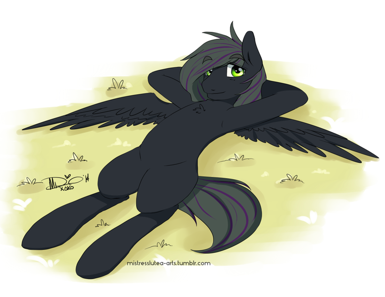 Size: 1280x989 | Tagged: safe, artist:mistresslutea, derpibooru import, oc, oc:rome silvanus, unofficial characters only, pegasus, pony, lying down, male, multicolored hair, on back, simple background, solo, wings