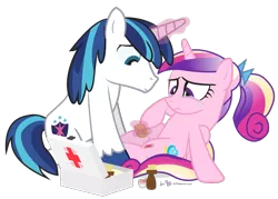 Size: 900x645 | Tagged: artist:dm29, bandage, bandaid, bruised, crying, cute, cutedance, derpibooru import, duo, first aid, frown, injured, magic, princess cadance, safe, shining adorable, shining armor, simple background, sitting, smiling, telekinesis, transparent background, younger