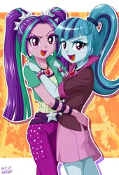 Size: 681x1000 | Tagged: safe, artist:uotapo, derpibooru import, aria blaze, sonata dusk, equestria girls, rainbow rocks, bracelet, clothes, cute, female, gem, hug, looking at you, looking back, open mouth, pants, pigtails, ponytail, siren gem, skirt, smiling, the dazzlings, wristband