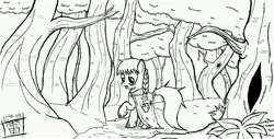 Size: 6552x3323 | Tagged: safe, artist:thethunderpony, derpibooru import, oc, oc:seedy scrolls, unofficial characters only, forest, lineart, monochrome, traditional art