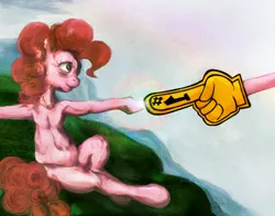 Size: 1534x1204 | Tagged: safe, artist:dungeonxdrugs, artist:miradge, derpibooru import, pinkie pie, earth pony, pony, female, fine art parody, foam finger, mare, painting, solo, the creation of adam, uncanny valley