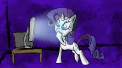 Size: 1280x720 | Tagged: safe, artist:infinitydash, derpibooru import, rarity, abstract background, computer, purple, solo