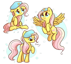 Size: 1500x1350 | Tagged: artist:spikedmauler, badge, beret, derpibooru import, fluttershy, hat, police badge, safe, sitting, solo, spread wings