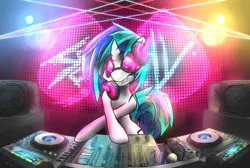 Size: 5000x3352 | Tagged: absurd resolution, artist:taps, derpibooru import, glow, headphones, safe, solo, turntable, vinyl scratch