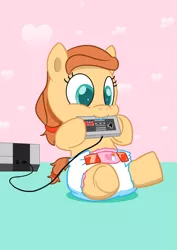 Size: 883x1248 | Tagged: safe, artist:artiecanvas, derpibooru import, oc, oc:cream heart, unofficial characters only, earth pony, pony, baby, baby pony, controller, cute, diaper, filly, foal, nintendo, nintendo entertainment system, nom, ocbetes, solo, underhoof