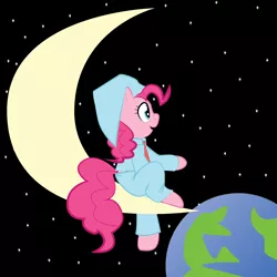 Size: 2000x2000 | Tagged: artist:briskby, artist:dualx, crescent moon, derpibooru import, earth, hat, moon, nightcap, nightgown, pinkie pie, planet, safe, solo, tangible heavenly object, transparent moon