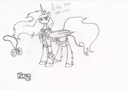 Size: 1280x905 | Tagged: artist:zubias, derpibooru import, fallout equestria, fallout equestria: trailblazers, monochrome, oc, oc:lilac prism, safe, solo, traditional art, unofficial characters only