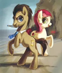 Size: 771x900 | Tagged: safe, artist:lis-alis, derpibooru import, doctor whooves, roseluck, time turner, earth pony, pony, doctor who, doctorrose, female, male, mare, mouth hold, necktie, rearing, shipping, sonic screwdriver, stallion, straight