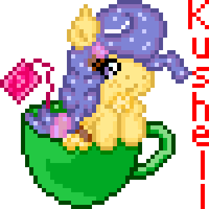 Size: 300x300 | Tagged: safe, artist:kushell, derpibooru import, oc, oc:clara doe, unofficial characters only, pony, cup of pony, pixel art, simple background, solo, tea, teabag, teacup, tiny ponies, transparent background