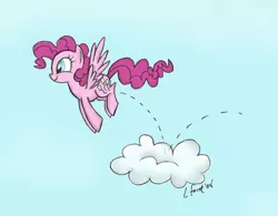 Size: 640x498 | Tagged: safe, artist:lauren faust, artist:nekitamayer, derpibooru import, pinkie pie, pegasus, pony, cloud, colored, pegasus pinkie pie, race swap, solo