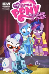 Size: 1039x1577 | Tagged: safe, artist:amy mebberson, derpibooru import, idw, rarity, trixie, twilight sparkle, twilight sparkle (alicorn), alicorn, pony, alternate hairstyle, cover, female, frown, hoof hold, hot topic, hotel chic, magic, mare, open mouth, raised eyebrow, sitting, smiling, telekinesis, twilight is not amused, unamused