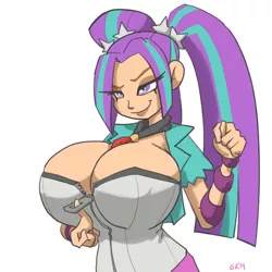 Size: 900x900 | Tagged: suggestive, artist:moronsonofboron, derpibooru import, aria blaze, equestria girls, rainbow rocks, bedroom eyes, big breasts, breasts, busty aria blaze, cleavage, clothes, corset, female, gem, simple background, siren gem, solo, twintails, unzipping, vulgar, white background