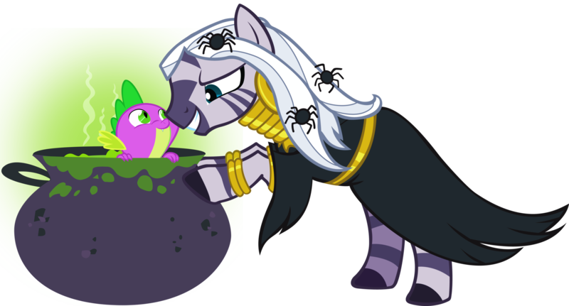 Size: 1993x1073 | Tagged: artist needed, cauldron, clothes, costume, derpibooru import, dragon on zebra action, edit, female, halloween, halloween costume, holiday, interspecies, male, pot, safe, shipping, smiling, soup, spicora, spider, spike, straight, witch, zebra, zebra on dragon action, zecora