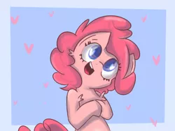 Size: 1600x1200 | Tagged: safe, artist:strabarybrick, derpibooru import, pinkie pie, earth pony, pony, blue background, chest fluff, colored pupils, cute, diapinkes, ear fluff, female, fluffy, head tilt, heart, mare, open mouth, ponk, shoulder fluff, simple background, smiling, solo