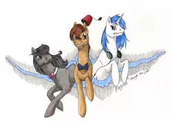 Size: 1280x899 | Tagged: safe, artist:khimera13, derpibooru import, doctor whooves, octavia melody, time turner, vinyl scratch, crack, eleventh doctor, mouth hold, traditional art