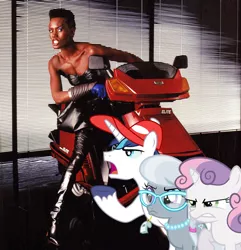 Size: 578x600 | Tagged: artist:chainchomp2 edit, artist:chezne, artist:quanno3, derpibooru import, grace jones, irl, leather, motorcycle, photo, ponies in real life, safe, shining armor, silver spoon, sweetie belle, vector, whistle