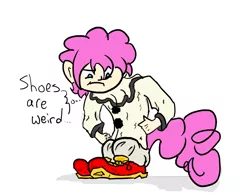 Size: 1524x1191 | Tagged: artist:vinny, clothes, clown, clown shoes, costume, derpibooru import, oc, oc:pogo, offspring, parent:pinkie pie, safe, satyr, shoes, solo, unofficial characters only