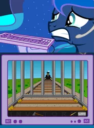 Size: 563x769 | Tagged: derpibooru import, exploitable meme, gamer luna, meme, obligatory pony, peril, princess luna, railway to heaven, safe, this will end in death, train, train tracks, tv meme