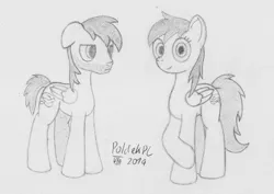 Size: 1063x751 | Tagged: safe, artist:poldekpl, derpibooru import, oc, oc:poldek, oc:poldzia, unofficial characters only, pegasus, pony, facial hair, monochrome, pencil drawing, rule 63, self ponidox, traditional art