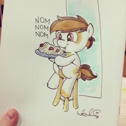 Size: 640x640 | Tagged: artist:katiecandraw, nom, pipsqueak, pipsqueak eating spaghetti, safe, solo, spaghetti, traditional art