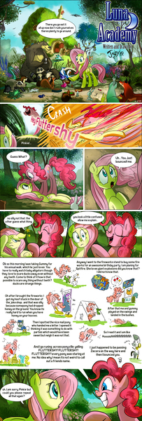 Size: 1585x4682 | Tagged: safe, artist:jowybean, derpibooru import, fluttershy, harry, pinkie pie, animal, comic, luna academy