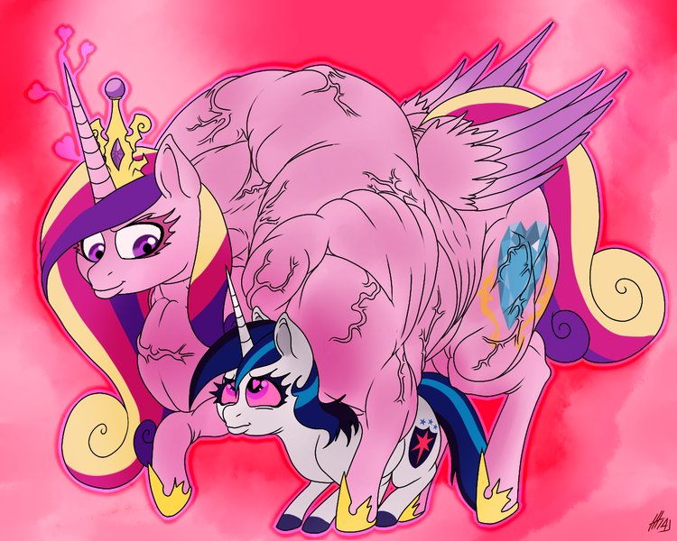 Size: 1280x1024 | Tagged: artist:sovereignbooty, derpibooru import, female, fetish, gleaming cadance, gleaming shield, lesbian, love, love magic, magic, muscle fetish, muscles, overdeveloped muscles, princess cadance, princess ca-dense, role reversal, rule 63, safe, shining armor, shiningcadance, shipping, someone got their idea of muscle definition from akira, wat