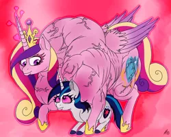 Size: 1280x1024 | Tagged: artist:sovereignbooty, derpibooru import, female, fetish, gleaming cadance, gleaming shield, lesbian, love, love magic, magic, muscle fetish, muscles, overdeveloped muscles, princess cadance, princess ca-dense, role reversal, rule 63, safe, shining armor, shiningcadance, shipping, someone got their idea of muscle definition from akira, wat