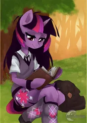 Size: 1024x1455 | Tagged: adorkable, artist:xxmoondropsxx, book, clothes, cute, derpibooru import, dork, reading, safe, semi-anthro, solo, twilight sparkle