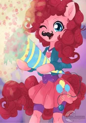 Size: 1024x1466 | Tagged: artist:xxmoondropsxx, derpibooru import, equestria girls outfit, moustache, party popper, pinkie pie, safe, semi-anthro, solo