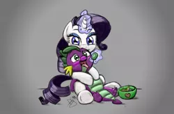 Size: 1216x800 | Tagged: safe, artist:pia-sama, derpibooru import, edit, rarity, spike, colored, cute, feeding, female, gem, hug, magic, male, open mouth, shipping, sketch, smiling, sparity, spikelove, straight, telekinesis, tongue out