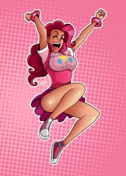 Size: 3600x5026 | Tagged: artist:darkereve, artist:mesiasart, bracelet, breasts, busty pinkie pie, clothes, converse, derpibooru import, eyes closed, female, human, humanized, jumping, pinkie pie, safe, schrödinger's pantsu, shoes, skirt, solo, strategically covered, underbust